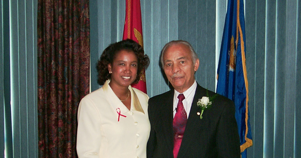 Jennifer and Lieutenant Colonel Carter<p>Jennifer pays honor to Lieutenant Colonel Herbert E. Carter (USA Ret). Colonel Carter was a member of the original 33 members of the Tuskegee Airmen. Colonel Carter flew 67 missions with the Tuskegee Airmen during World War II.  Jennifer recognized the Colonel for his bravery, patriotism and for paving the way for many Blacks in the military.</p>
